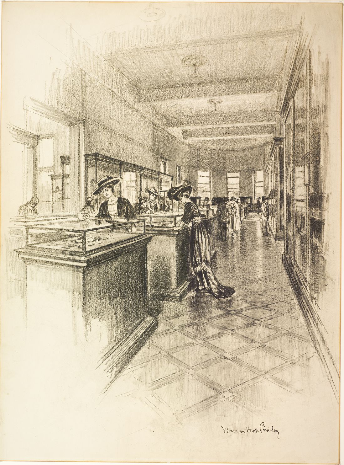 Minerals and Gems Hall drawing, 1910-1911. This charcoal drawing by Vernon Howe Bailey depicts the minerals section of the Museum’s original Hall of Minerals and Gems. (© AMNH Library 28733)